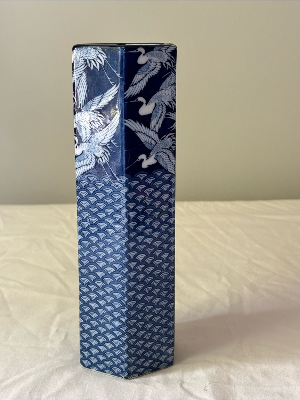 Vintage Japanese Blue Crane Pattern Tall Ceramic Vase